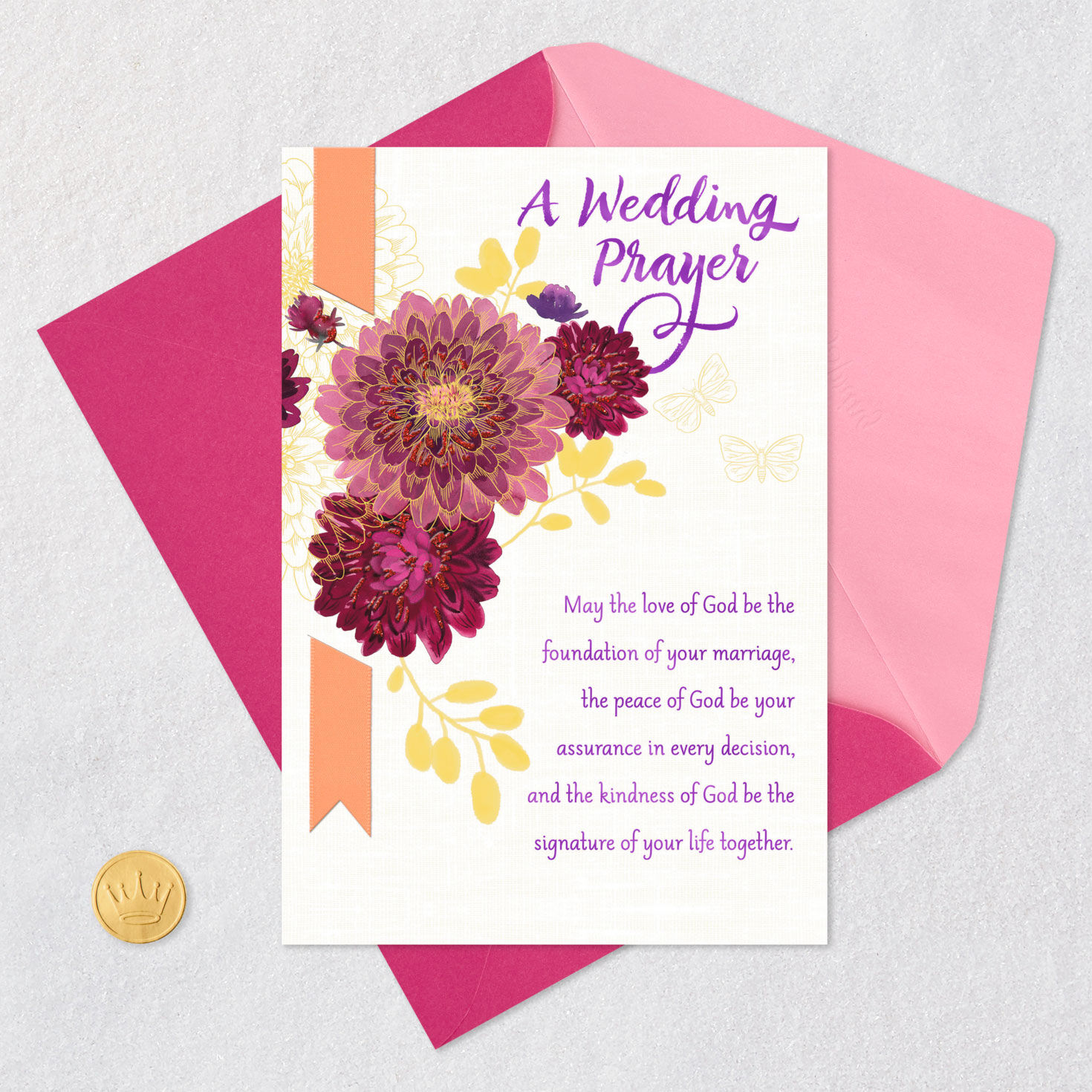 Pink Flowers With Ribbon Religious Wedding Card Card Front with Envelope and Gold Seal image number 7