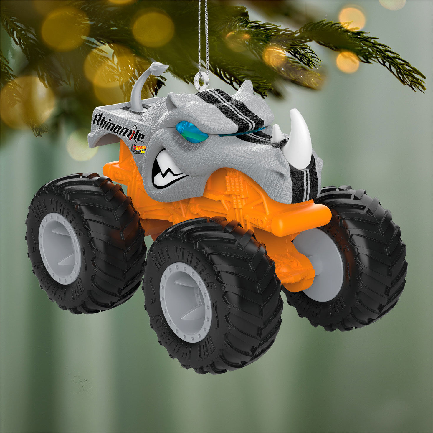 Orange Gray Hot Wheels Monster Truck Ornament hanging on tree image number 2