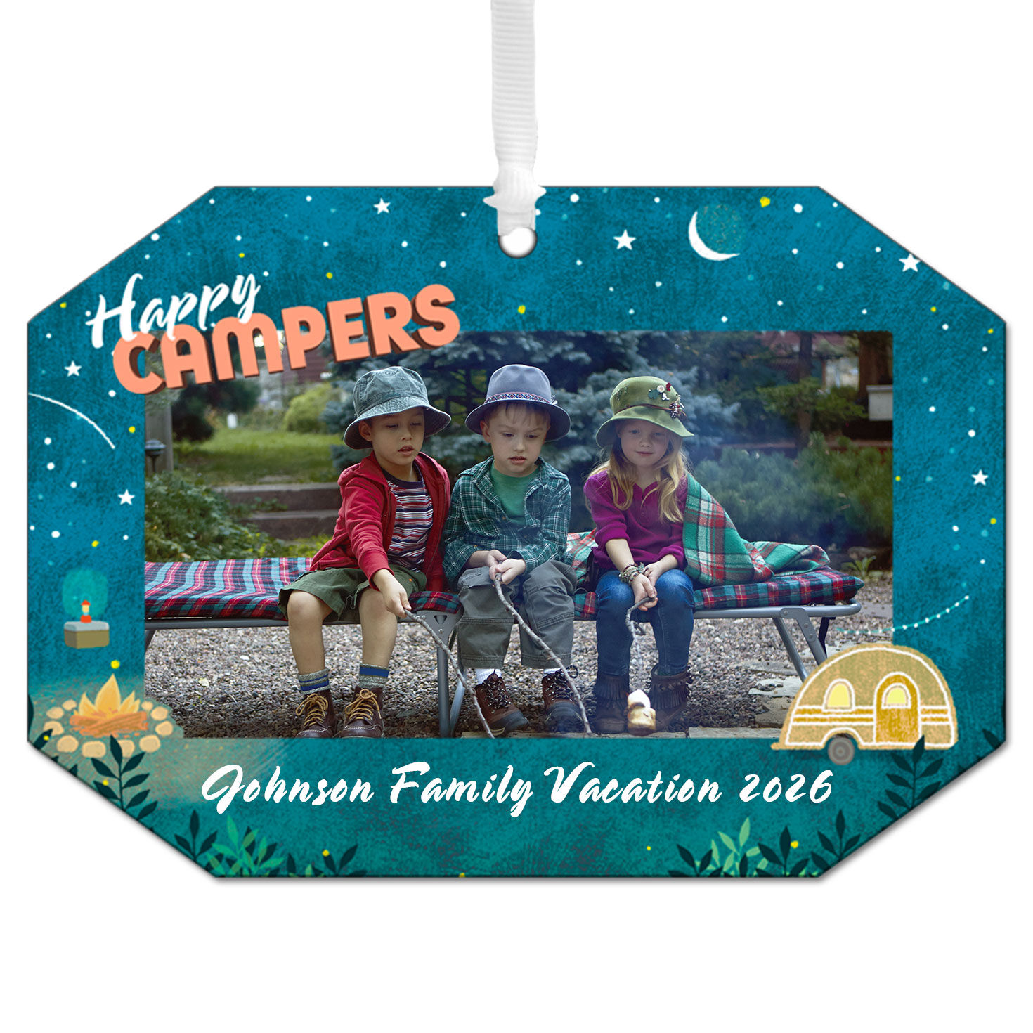 Happy Campers Metal Personalized Ornament, Custom Photo and Text