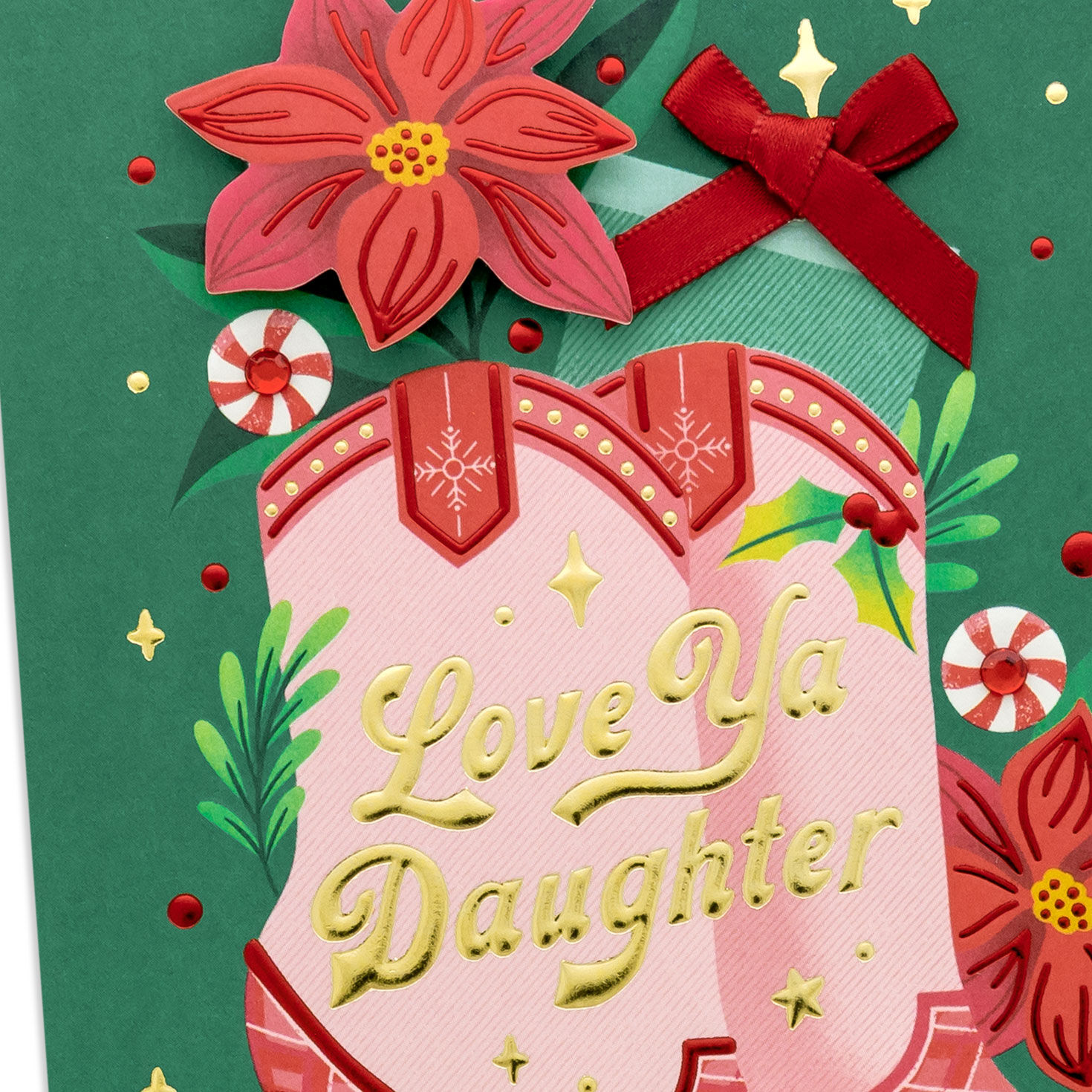 Pink Cowboy Boots on Green Christmas Card for Daughter Card Front Detail image number 4