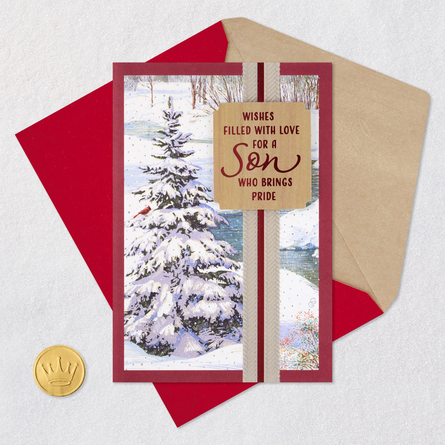 Cardinal in Snowy Tree Son Christmas Card Card Front with Envelope and Gold Seal image number 7