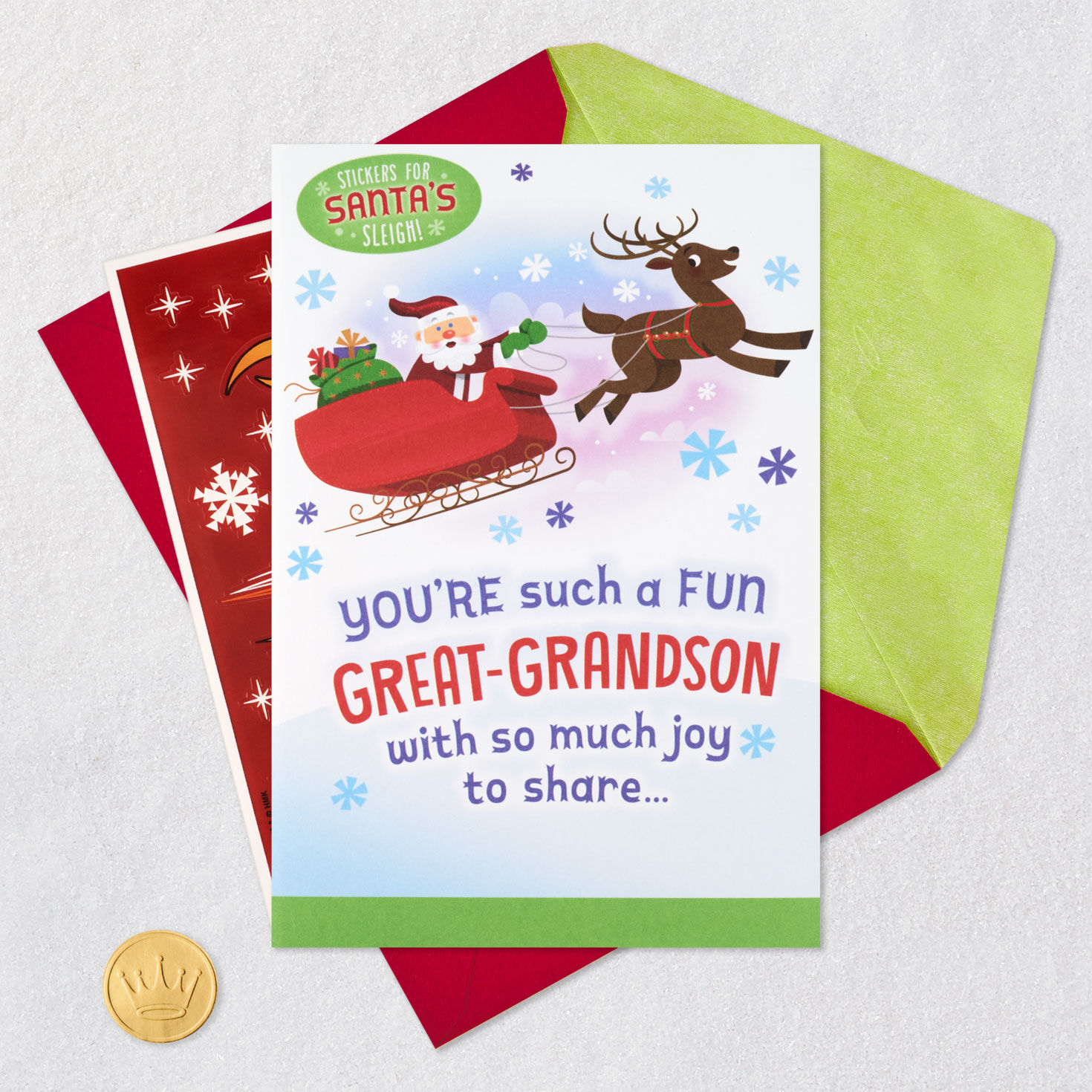 Santa's Sleigh Great-Grandson Christmas Cards Card Front with Envelope and Gold Seal image number 7