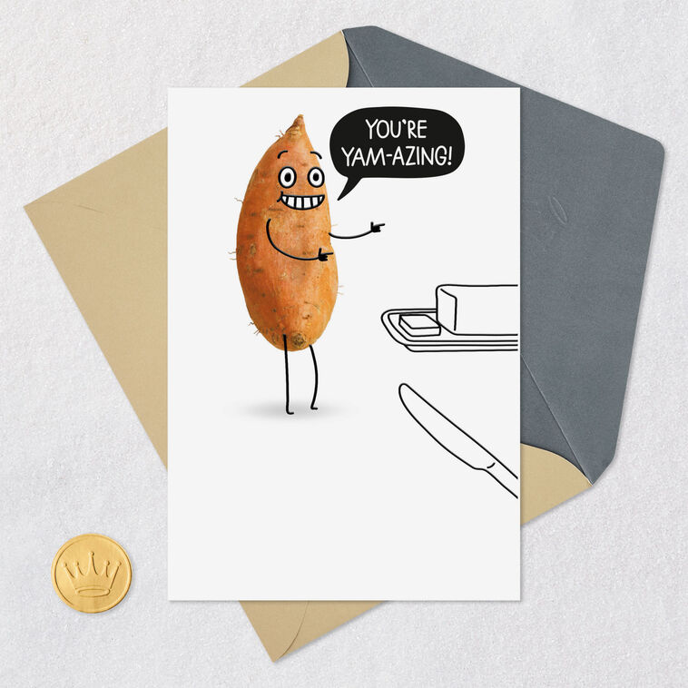 Sweet Potato and Butter Funny Thanksgiving Card Card Front with Envelope and Gold Seal image number 5