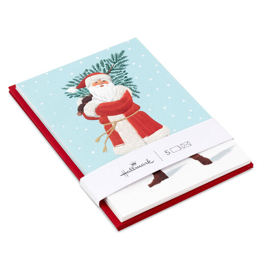 Santa Carrying Fir Tree Packaged Christmas Cards, Set of 5, 