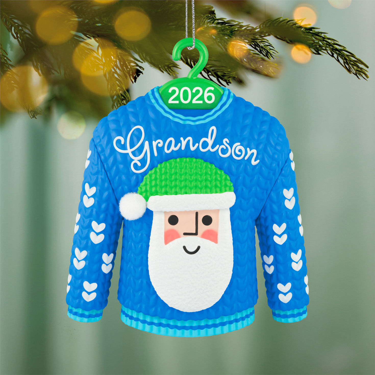 Grandson Santa Sweater Keepsake Ornament hanging on tree image number 2