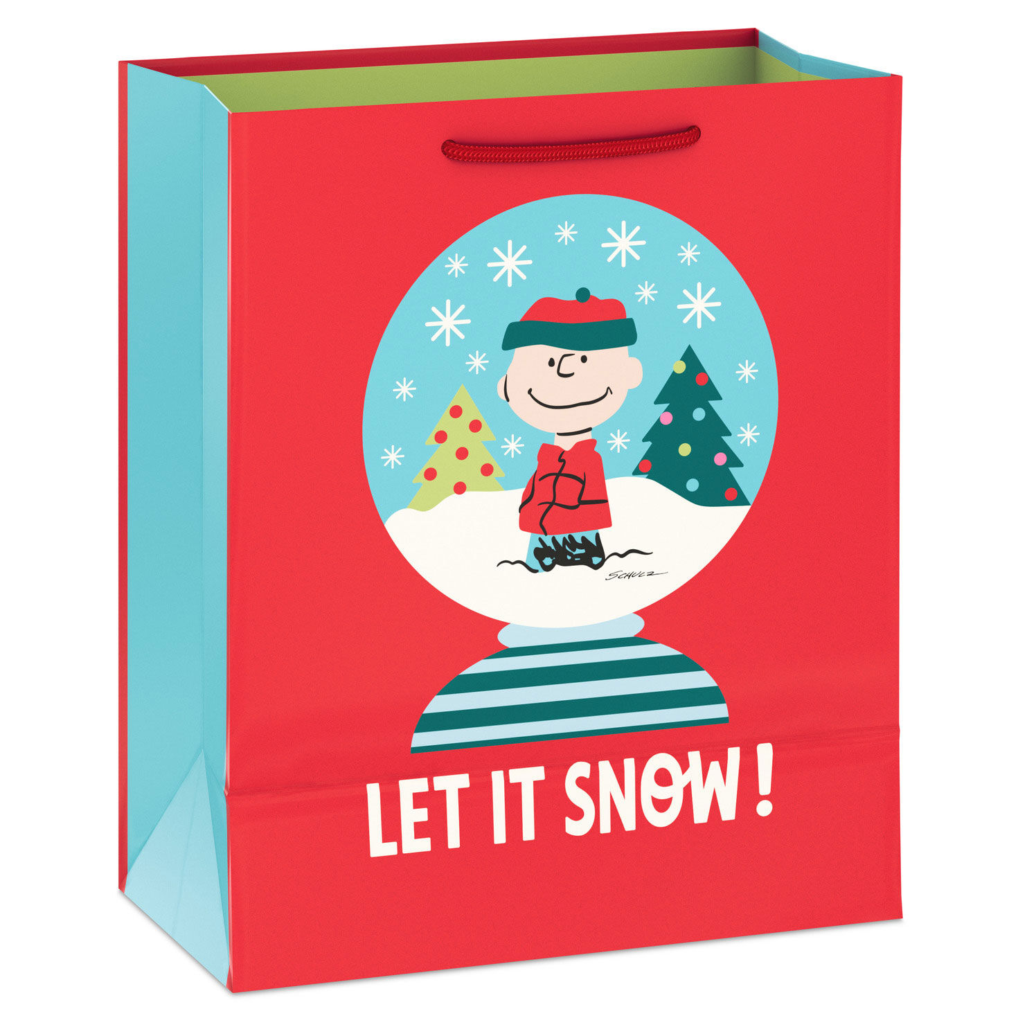 Red Charlie Brown Snow globe Medium Holiday Gift Bag back image number 6