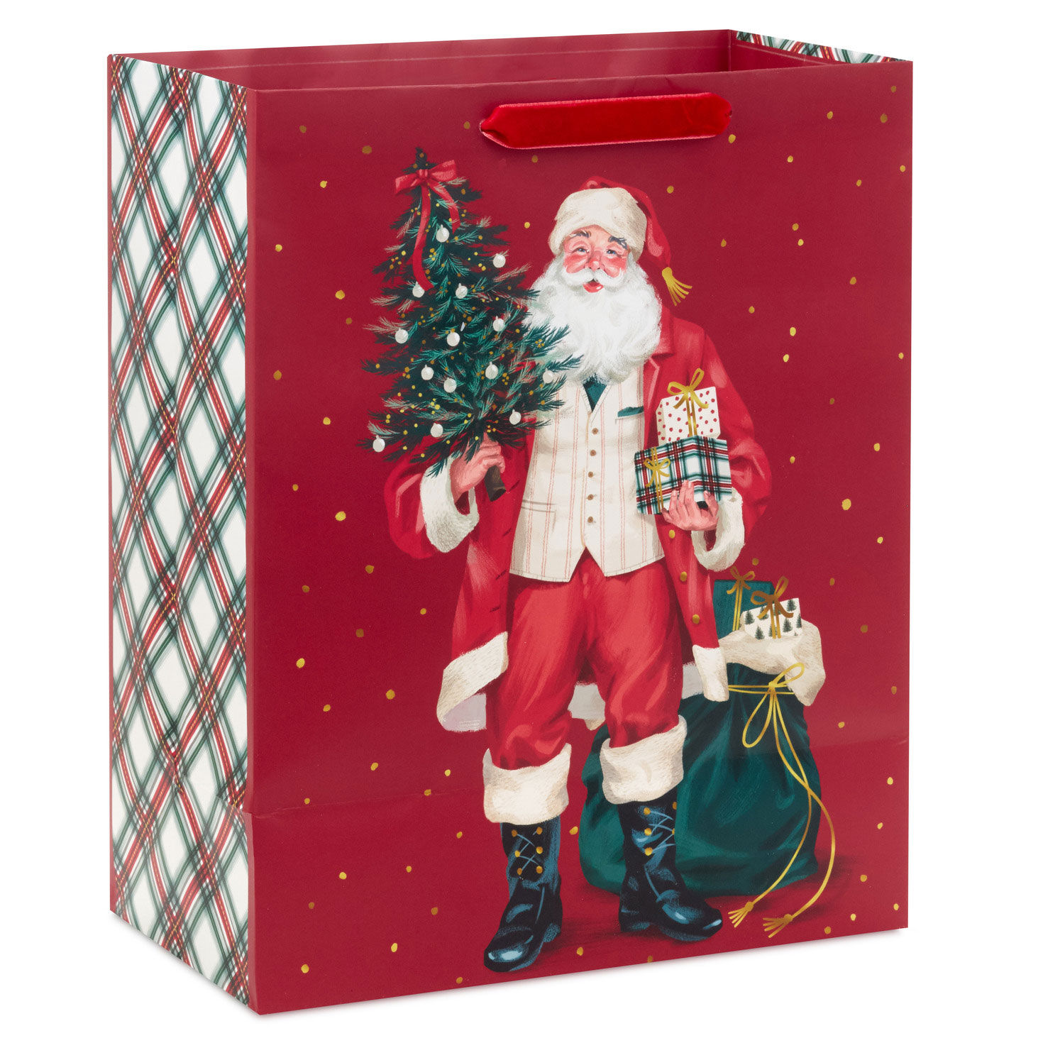 Santa With Gifts on Red Large Christmas Gift Bag back image number 6