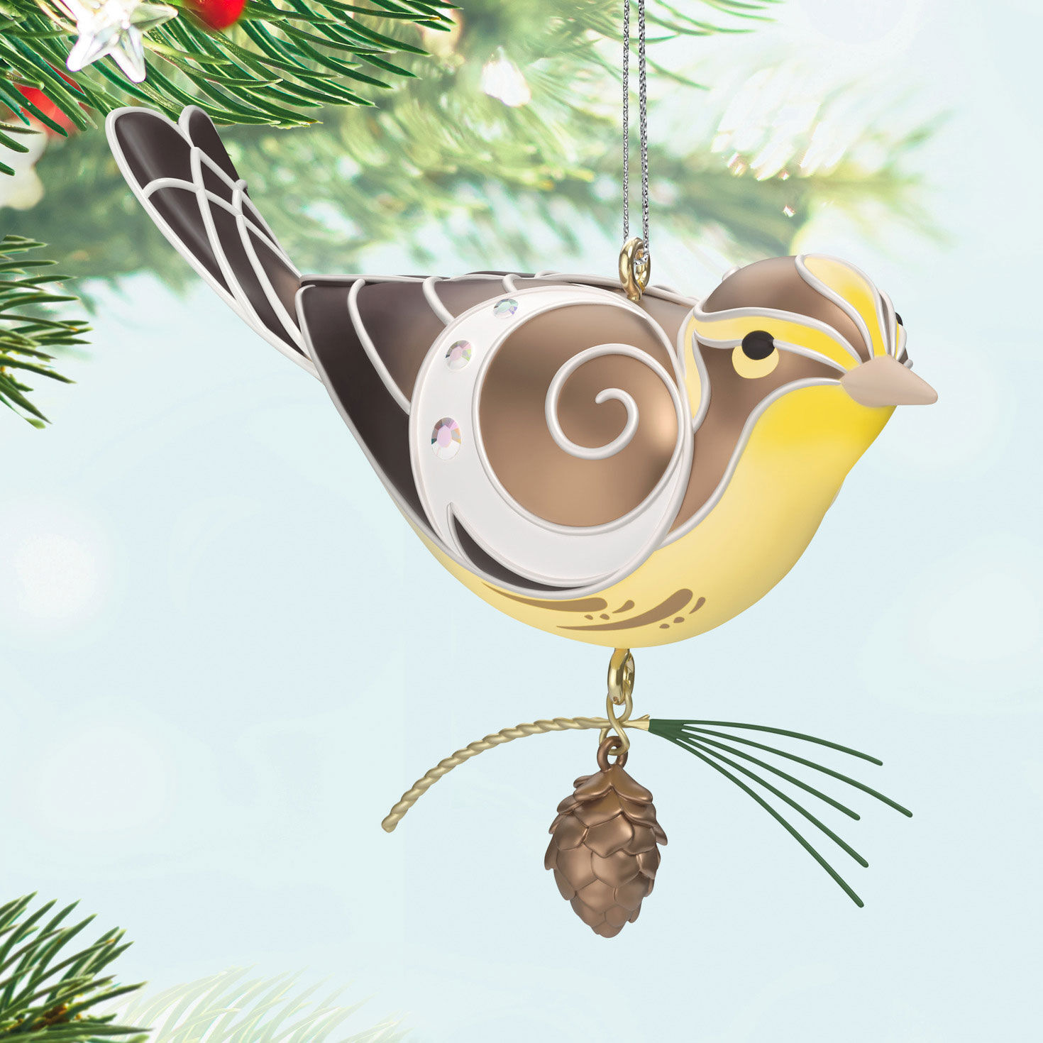 Brown and Yellow Bird Keepsake Ornament Hanging on tree image number 2