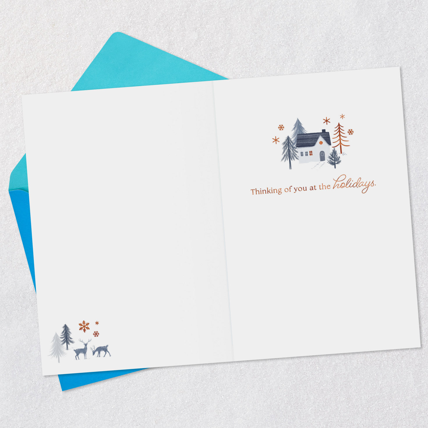 Blue and Bronze Winter Village Scene Christmas Card Open card with envelope image number 3