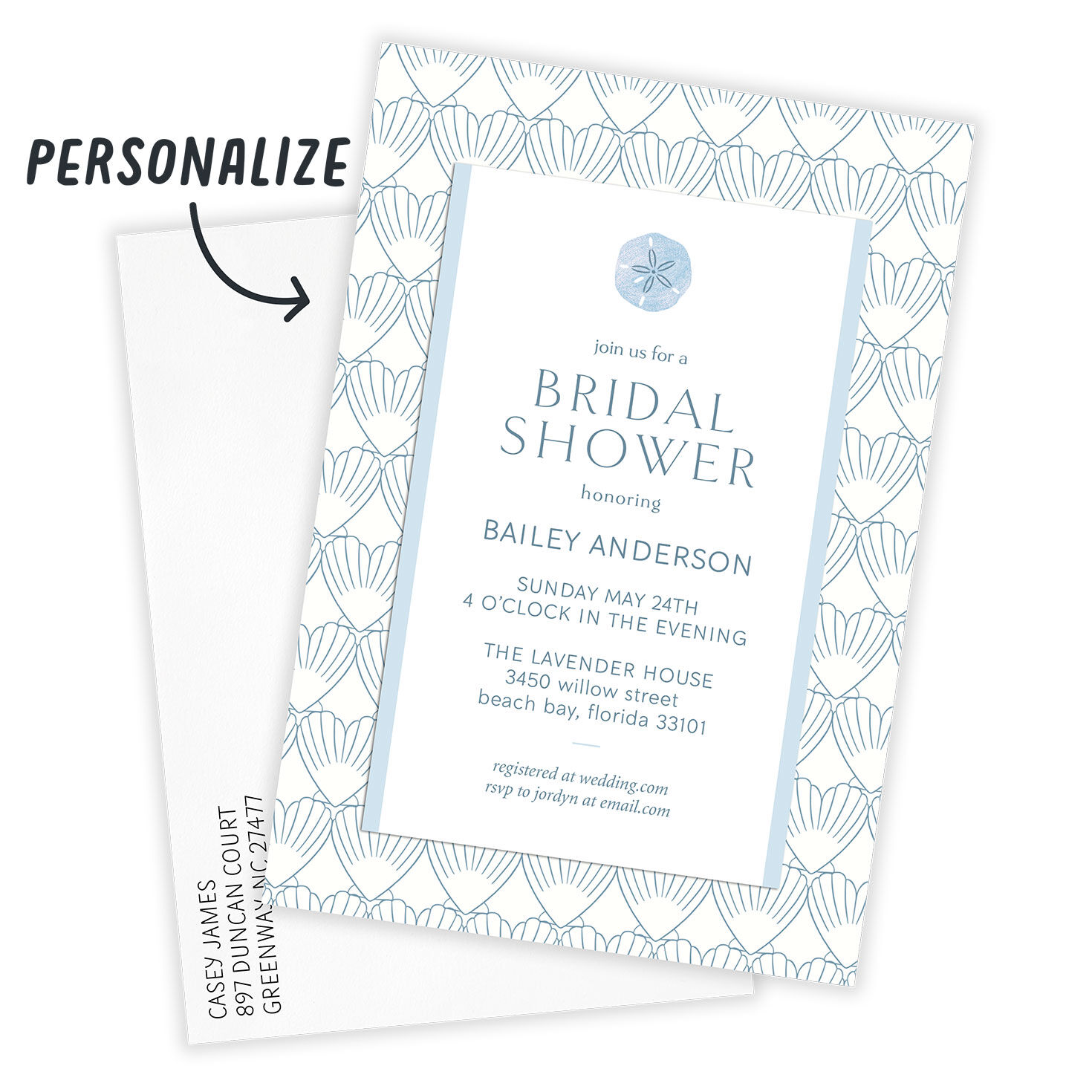 Blue Shell Pattern Personalized Shower Invitation Card Front indicating personalization image number 2