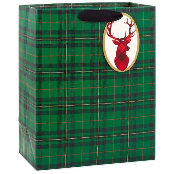 Green Plaid With Deer Tag Large Christmas Gift Bag, 13", , large image number 1