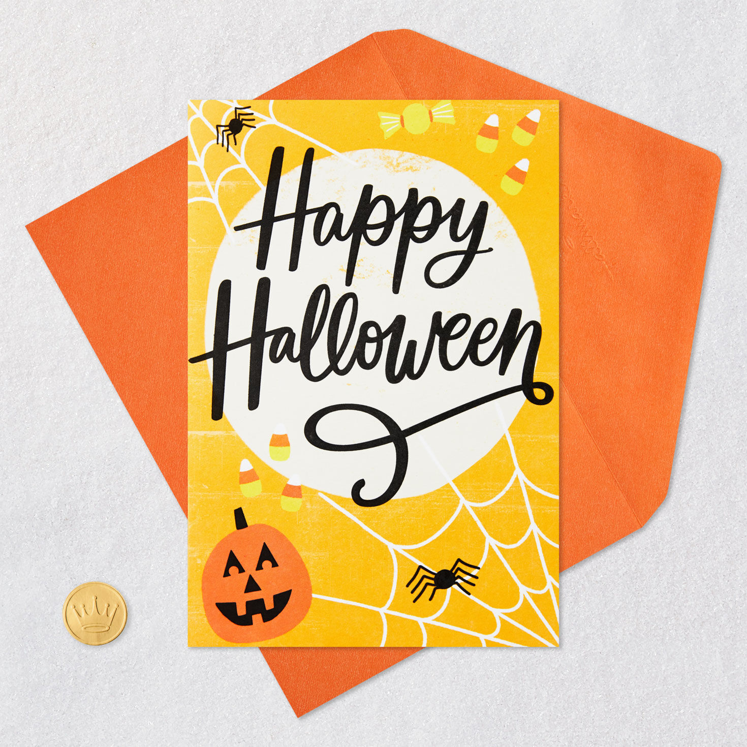 Pumpkin, Spiders and Candy Halloween Card Card Front with Envelope and Gold Seal image number 5