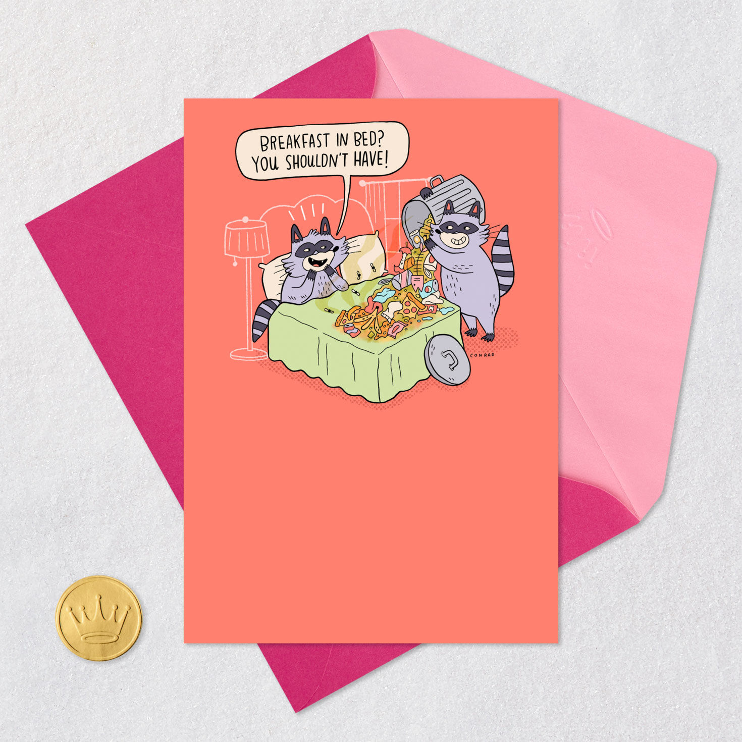 Raccoons Breakfast in Bed Funny Mother's Day Card Card Front with Envelope and Gold Seal image number 6