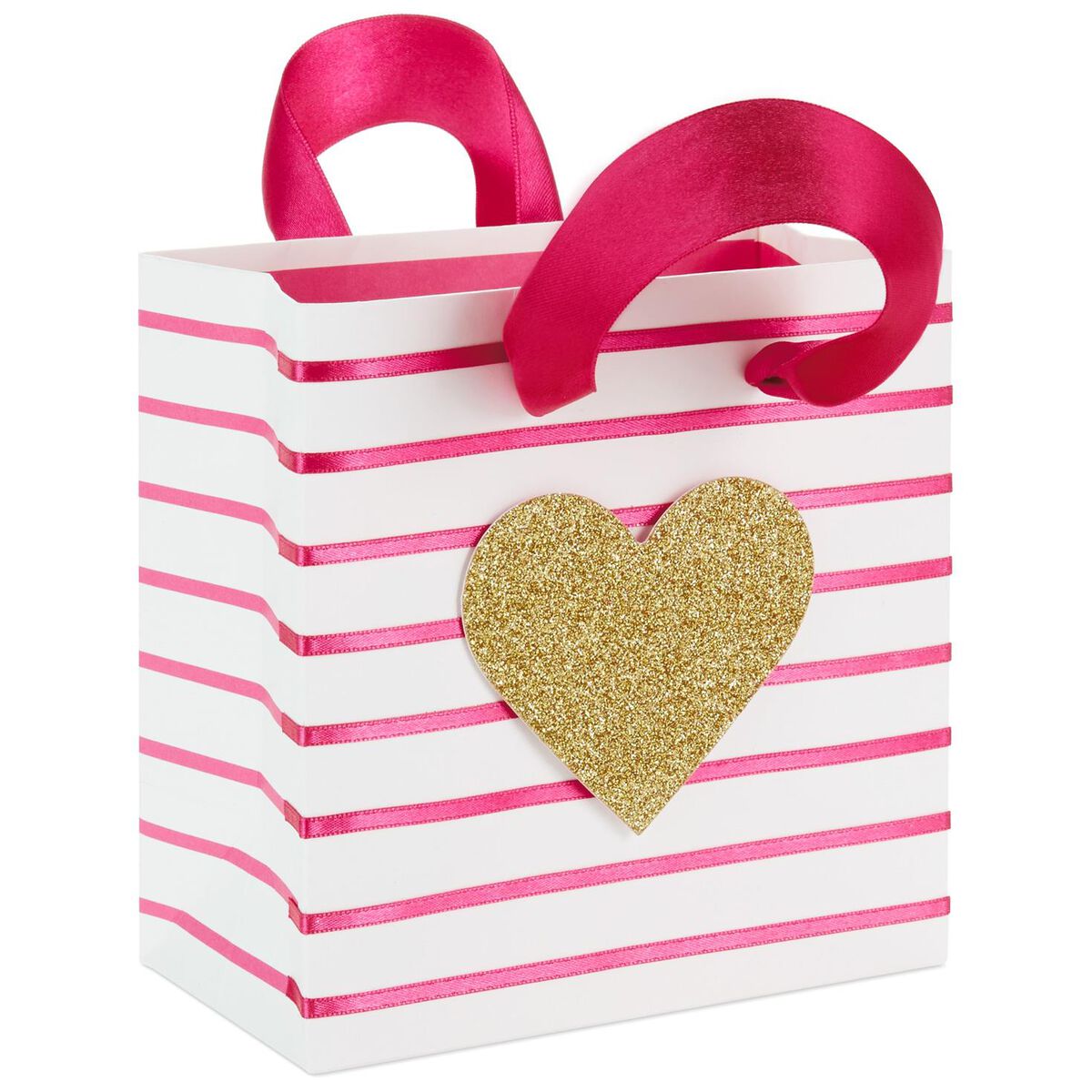 Pink Stripe With Glitter Heart Small Square Gift Bag, 5.5" Gift Bags