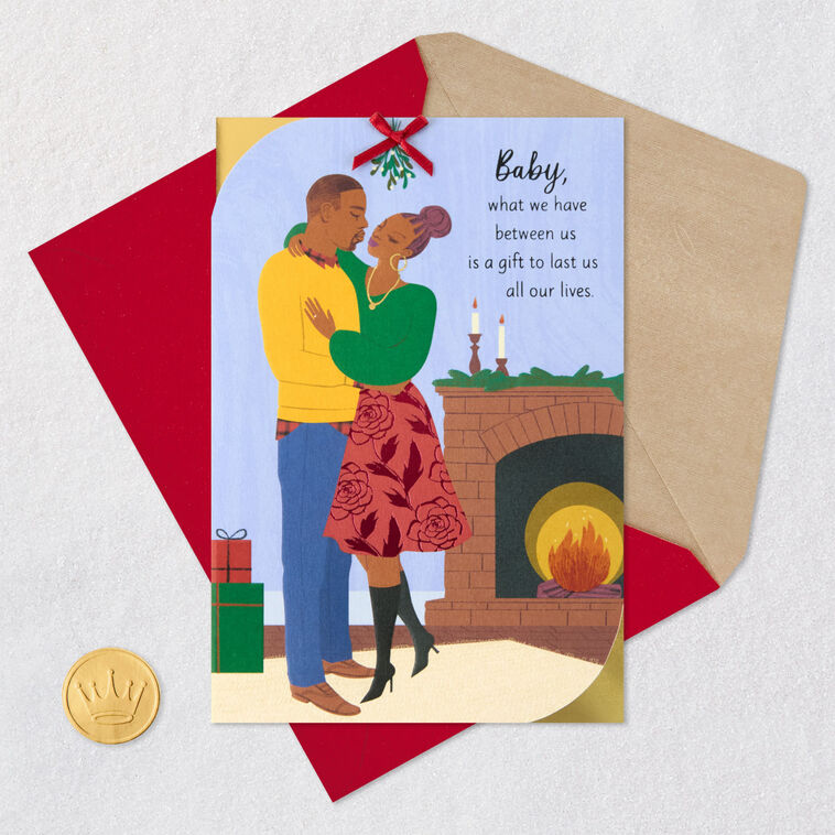 Black Couple Under Mistletoe Christmas Card for Wife Card Front with Envelope and Gold Seal image number 7