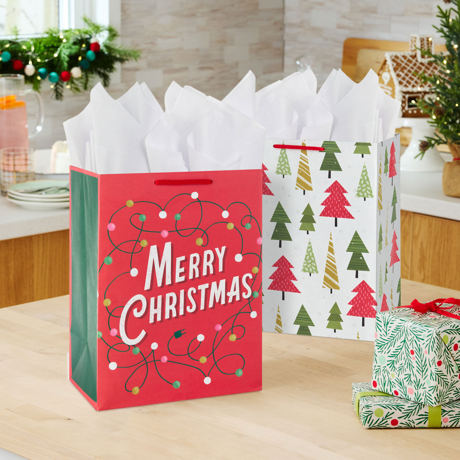 Lights on Red and Trees on White Holiday Gift Bags in use image number 2