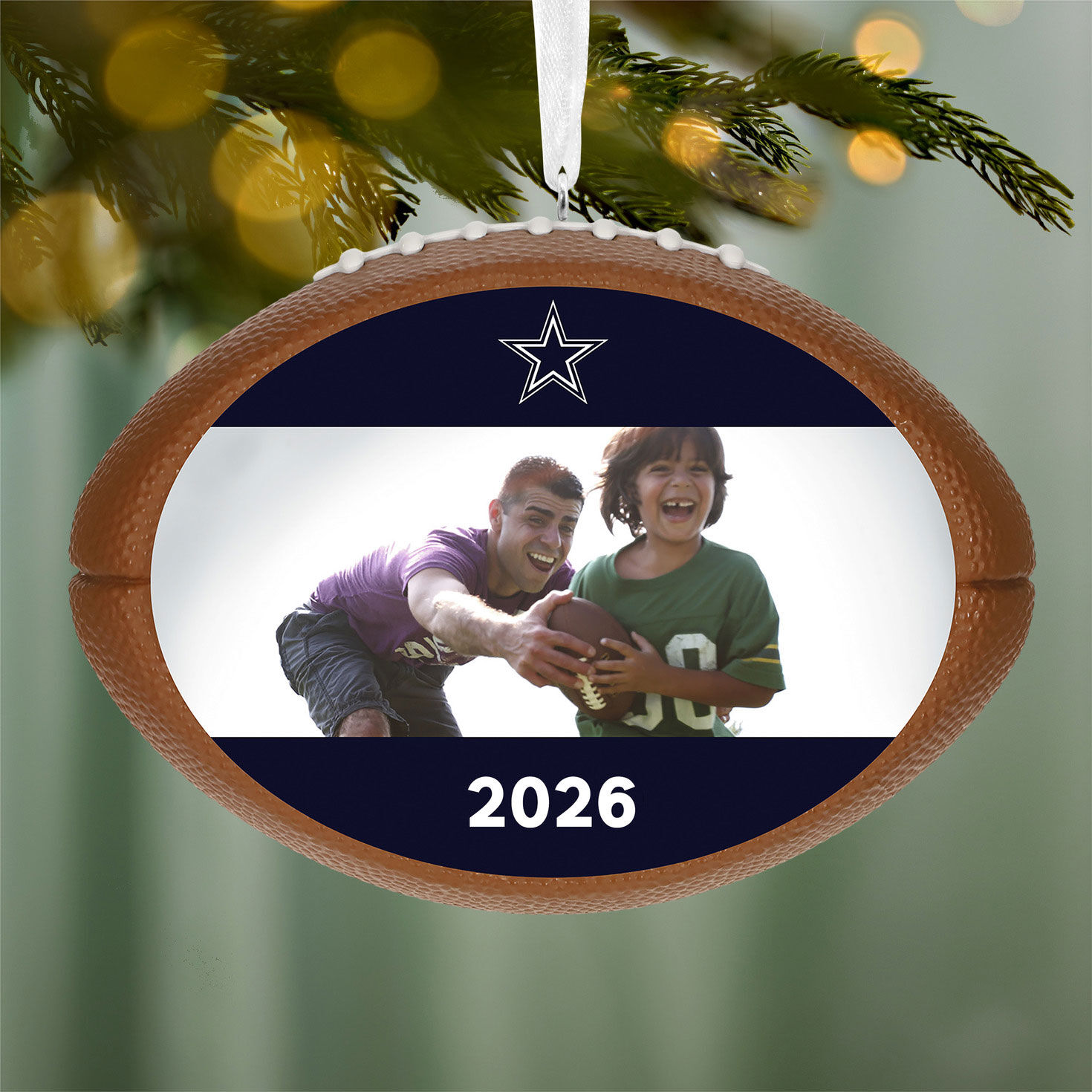 NFL Football Dallas Cowboys Text and Photo Personalized Ornament hanging on tree image number 4