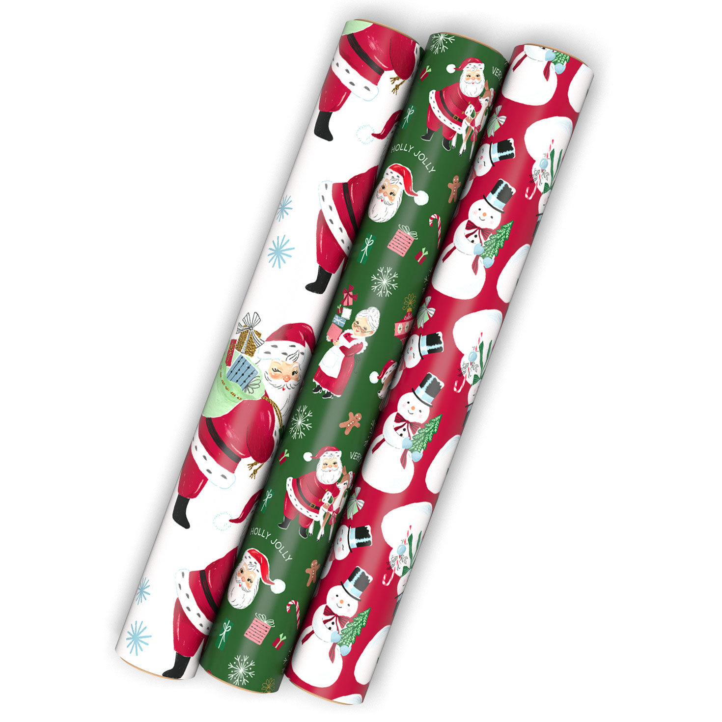 Retro Santa, Holiday Icons 3-Pack Assorted Christmas Wrapping Paper Mini Roll Bundle, 75 sq. ft. total