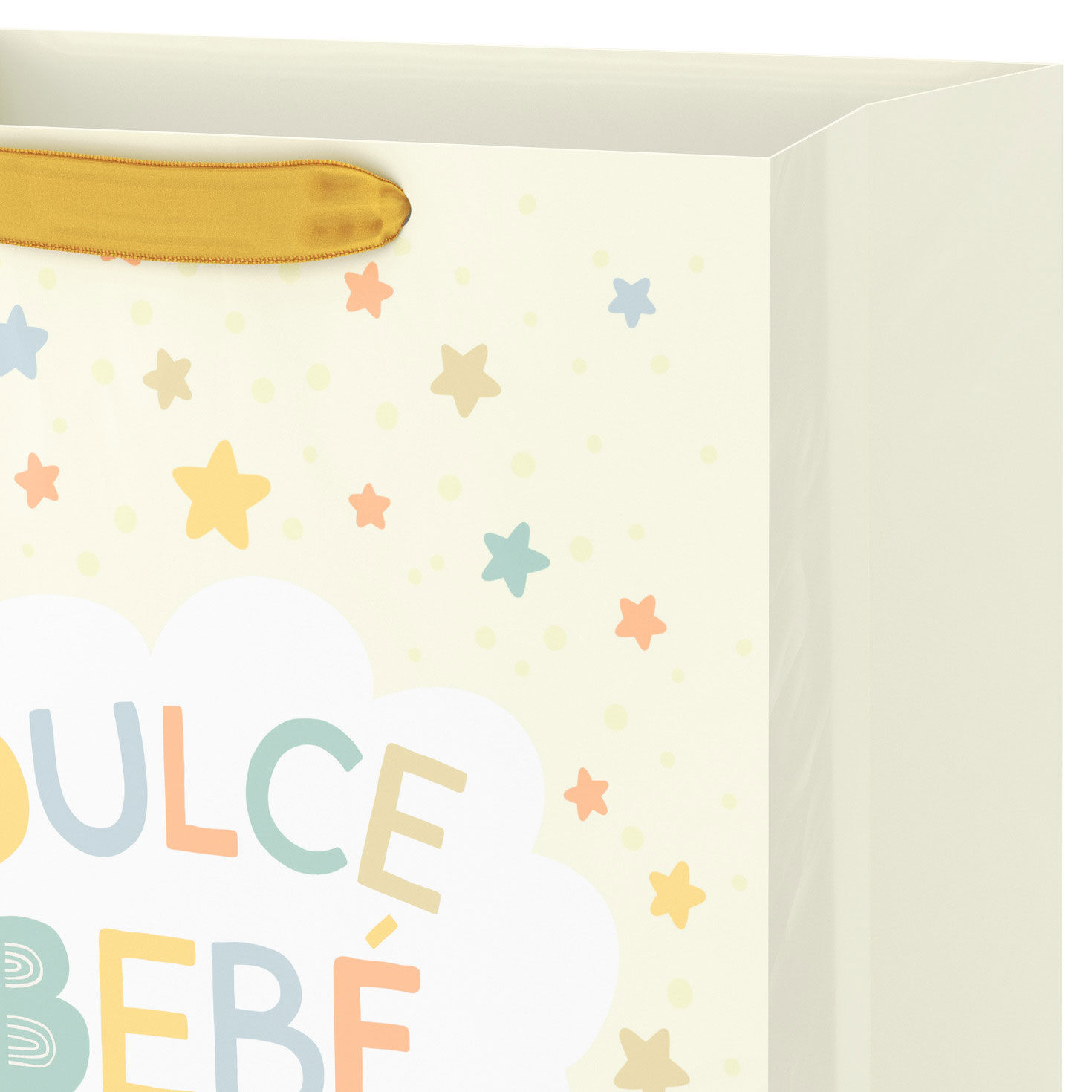 Spanish Language Stars on Pale Yellow Large Gift Bag Handle Detail image number 4