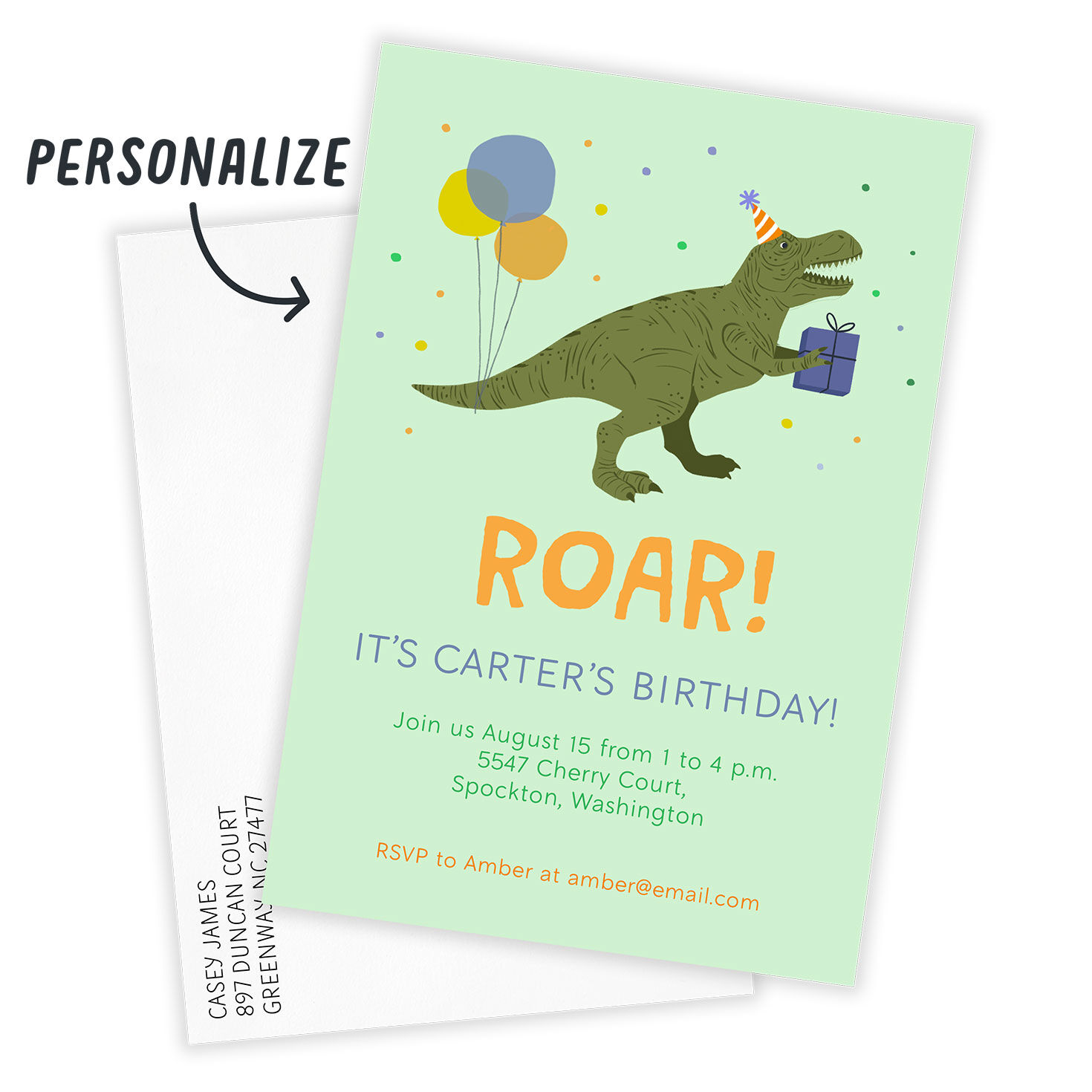 Dinosaur With Present Personalized Party Invite Card Front indicating personalization image number 2
