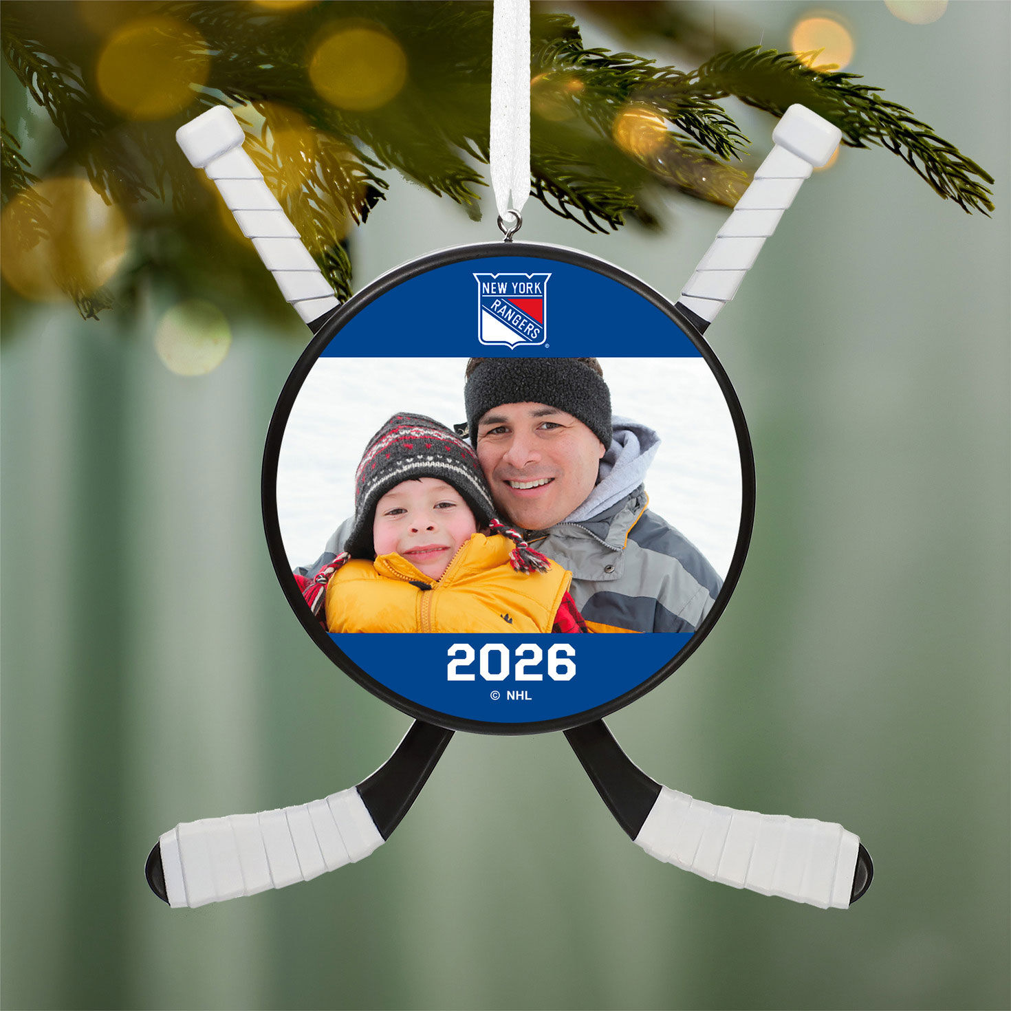 NHL New York Rangers&reg; Hockey Personalized Ornament, Custom Photo and Text hanging on tree image number 2