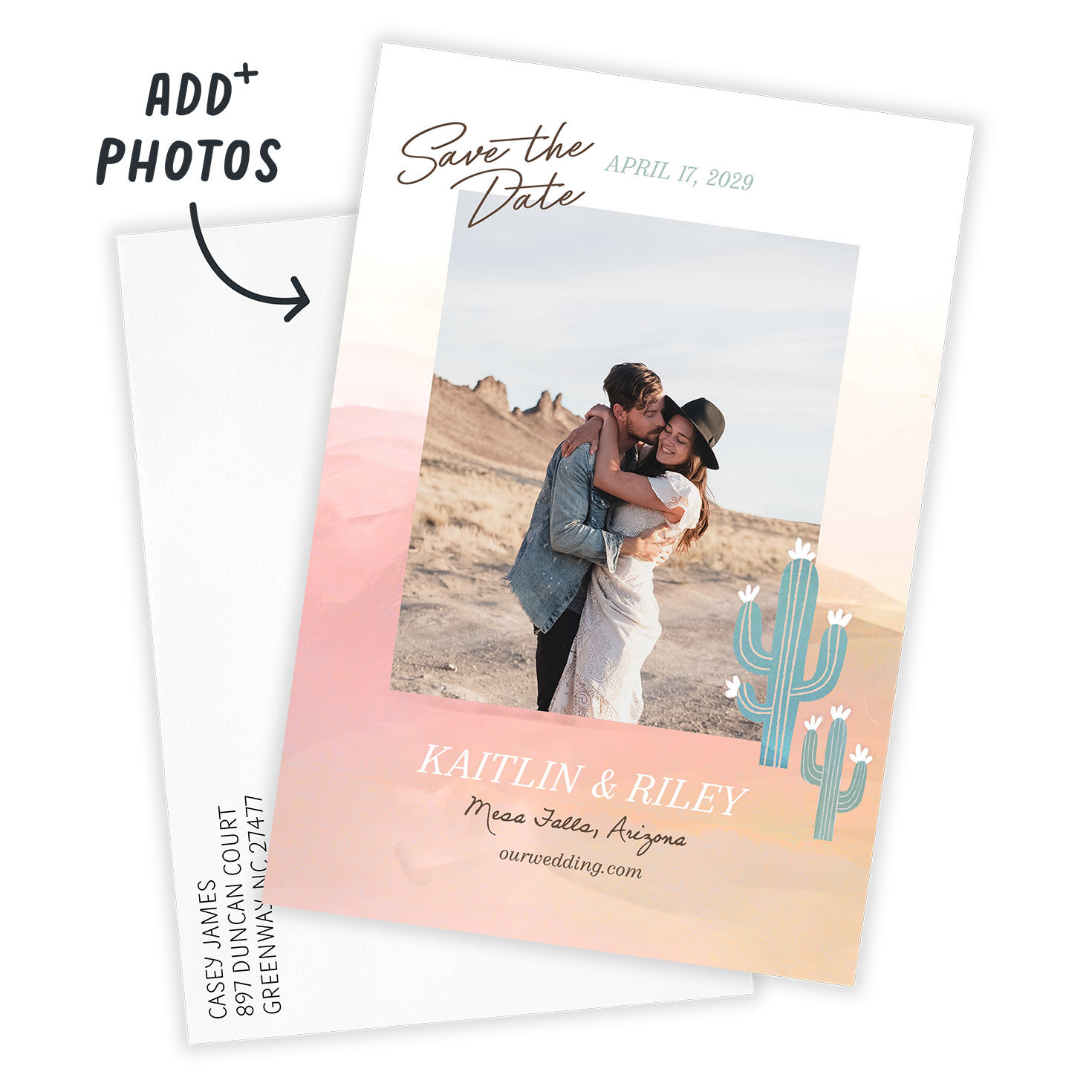 Desert Cactus Scene Personalized Save the Date Card Card front with Envelope indicating personalization image number 2