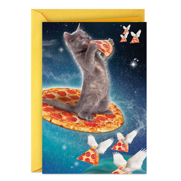 Galactic Cat With Pizza Funny Birthday Card
