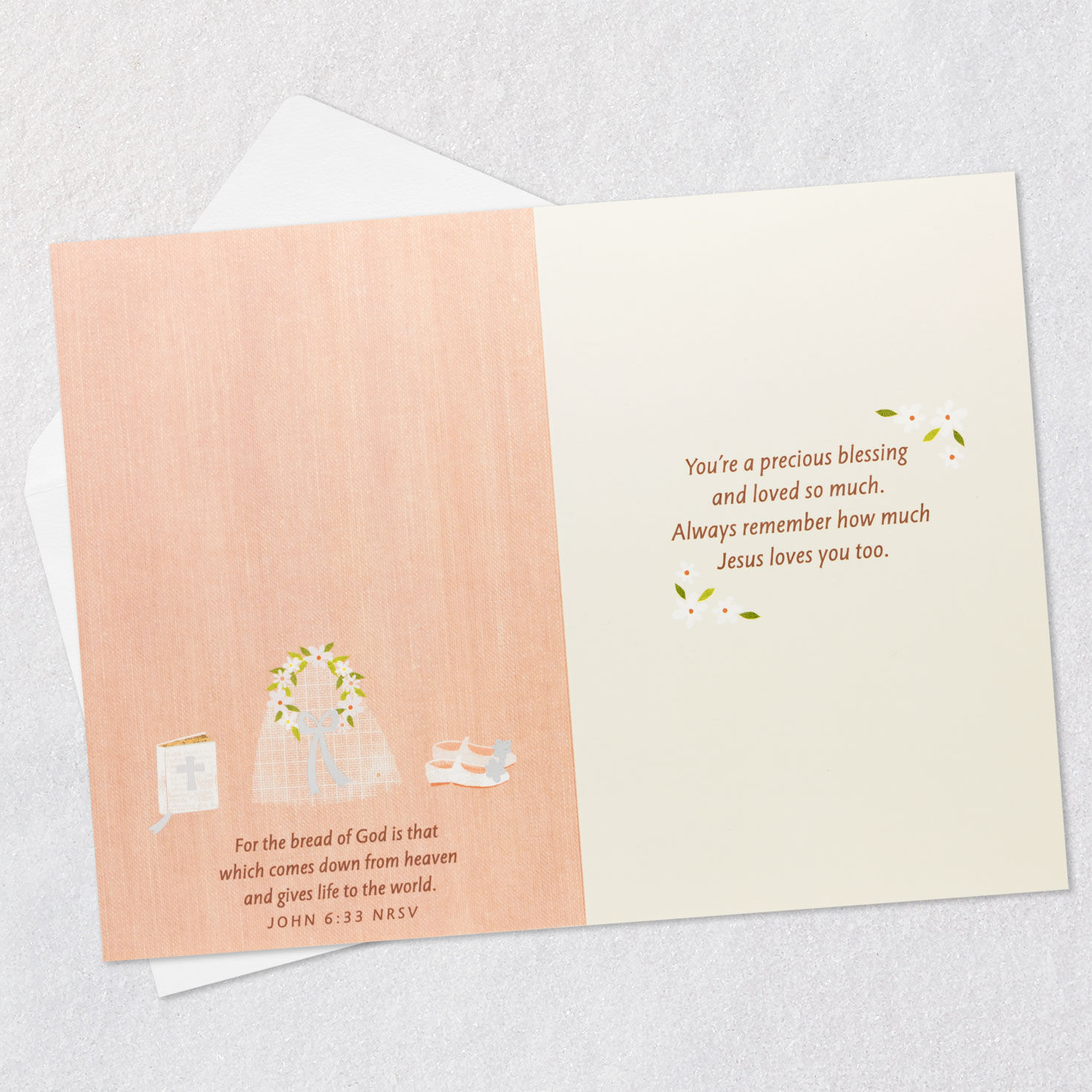 White Dress on Pink First Communion Card for Niece Open card with envelope image number 4