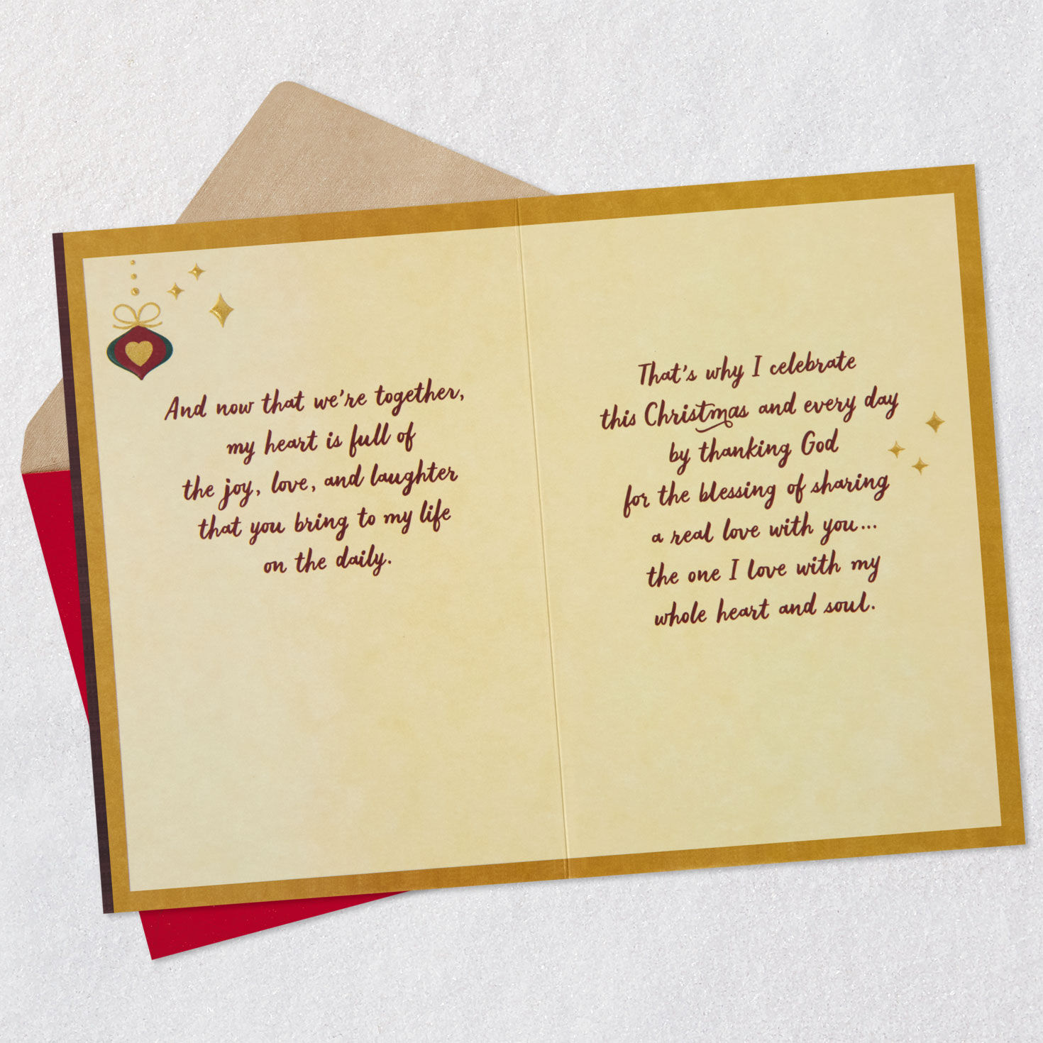 Gold and Red Ornament Hearts Love Christmas Card Open card with envelope image number 4