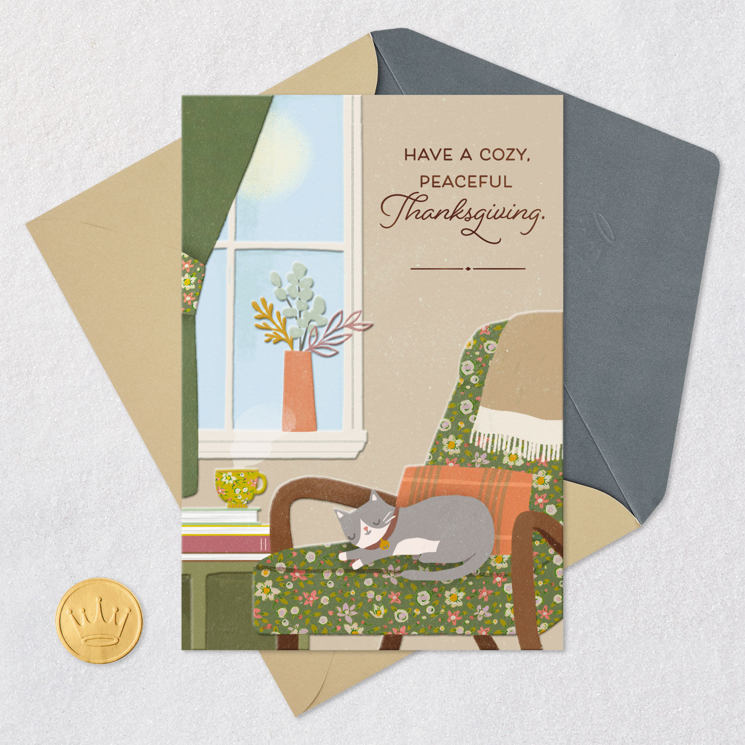 Cat Curled Up on Chair by Window Thanksgiving Card Card Front with Envelope and Gold Seal image number 5