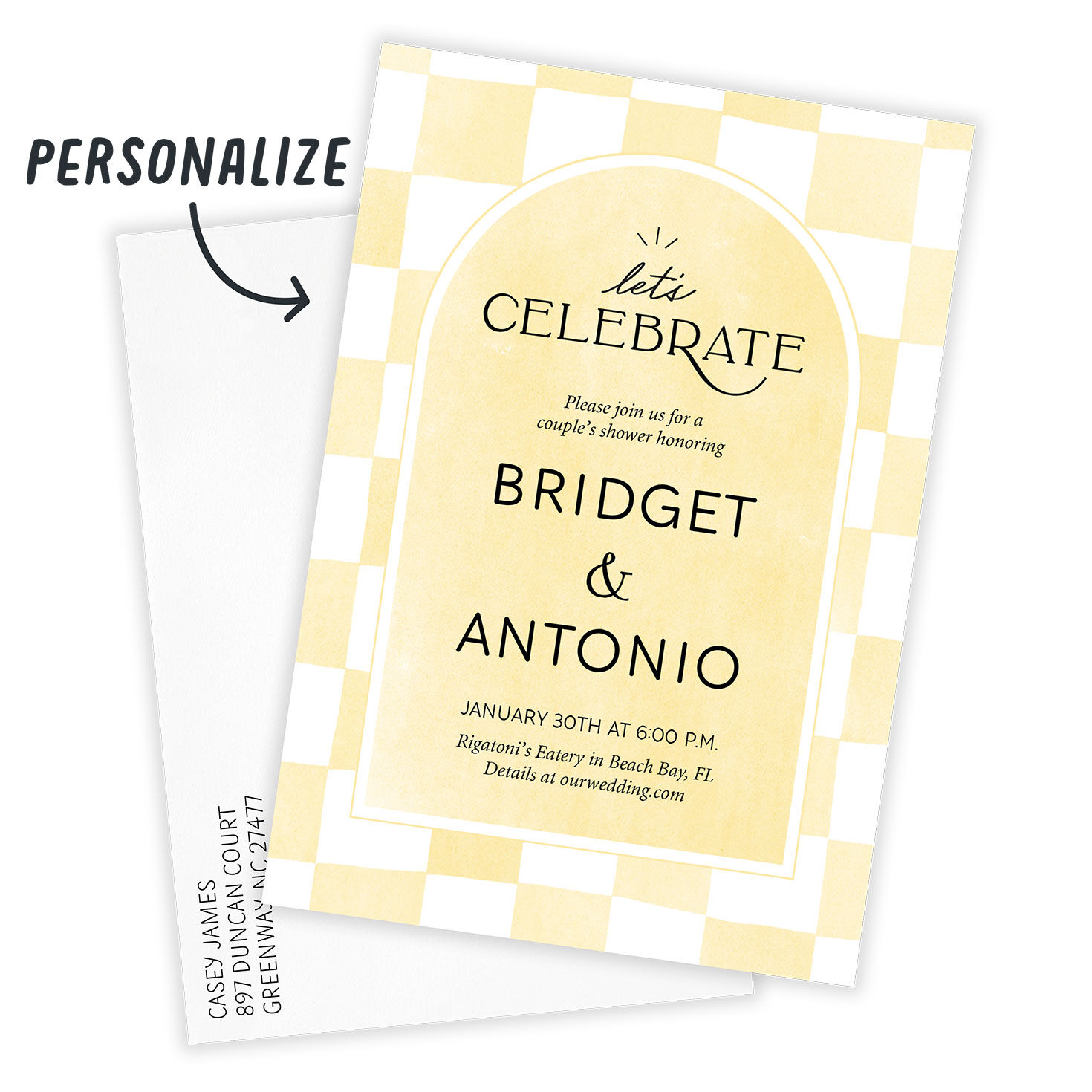 Yellow Checkered Personalized Shower Invitation Card front with Envelope indicating personalization image number 2