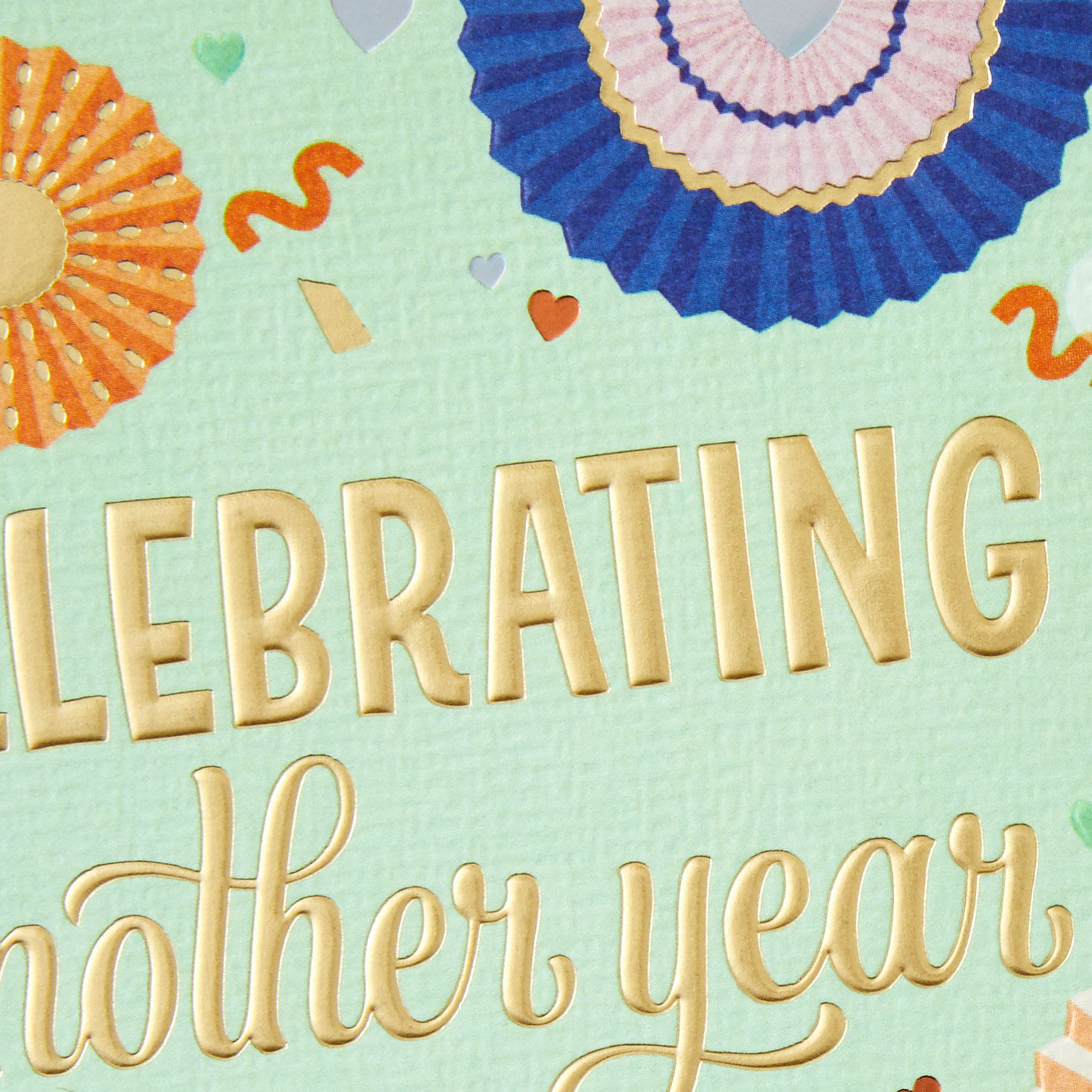 Paper Fan Flowers and Confetti on Mint Green Anniversary Card Card Front Detail image number 4