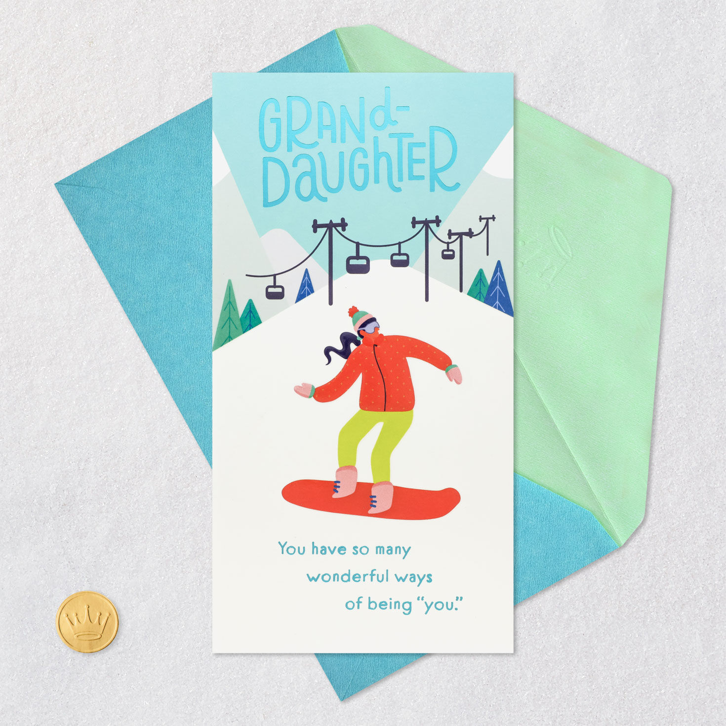 Snowboarder Christmas Money Holder Card for Granddaughter Card Front with Envelope and Gold Seal image number 6