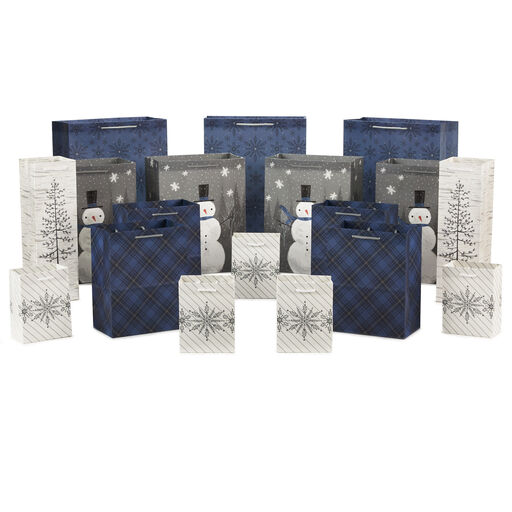 Bulk Blue and Gray 18-Pack Holiday Gift Bags, Assorted Sizes and Designs, 