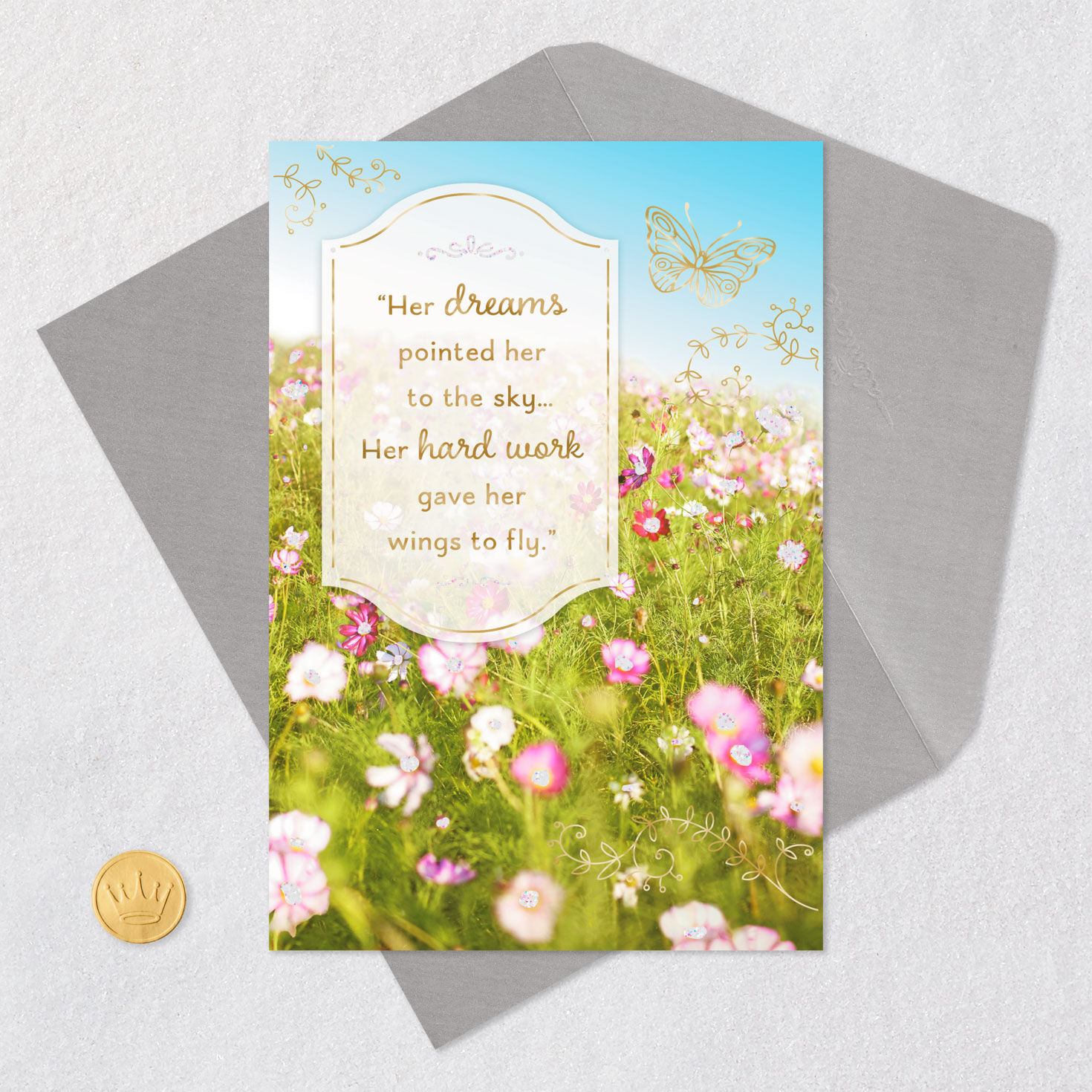 Floral Field with Butterflies Graduation Card for Her Card Front with Envelope and Gold Seal image number 5