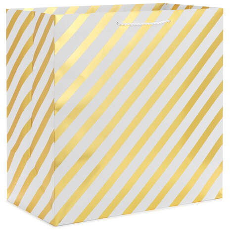 15" Gold and White Diagonal Stripes Extra-Deep Gift Bag, , large