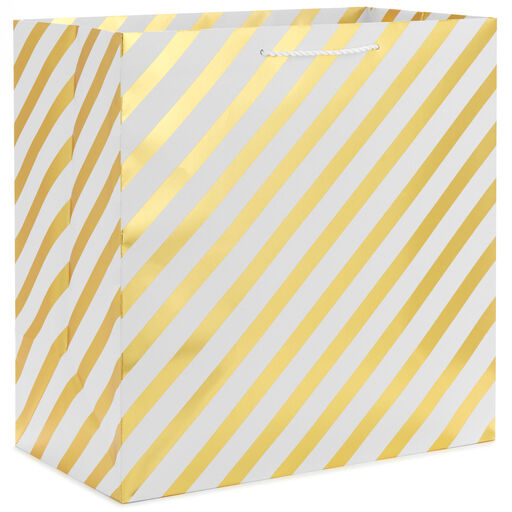 15" Gold and White Diagonal Stripes Extra-Deep Gift Bag, 