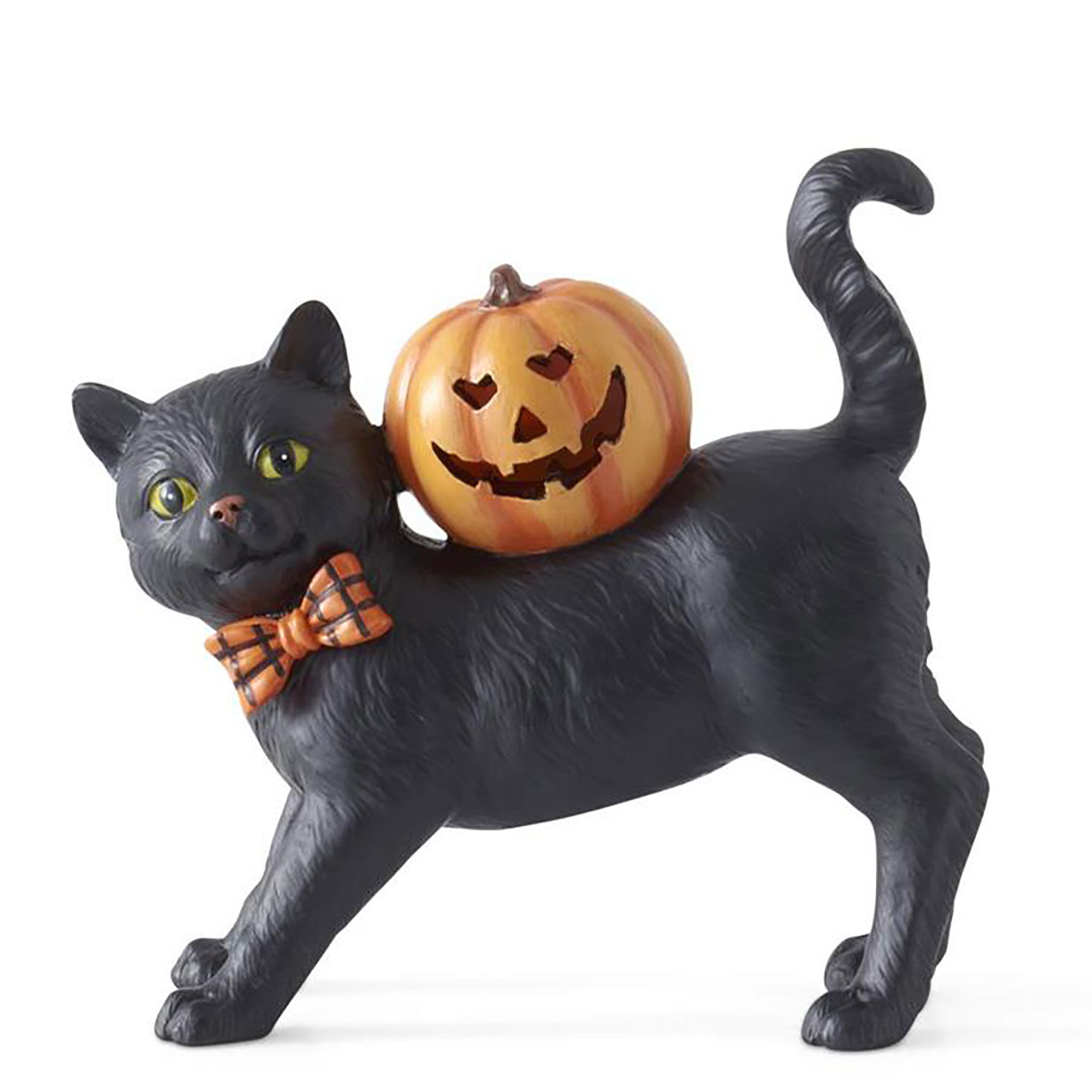 K&K Interiors Sitting Black Cat and Jack-o'-Lantern Figurine With Light, 6.75"