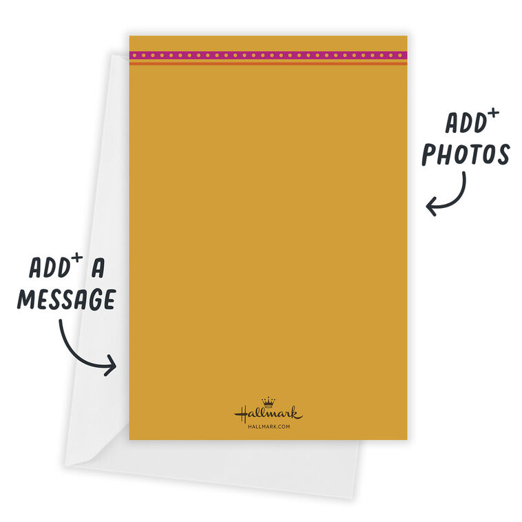 Purple Pink Patterns Personalized Diwali Photo Card Card back with Envelope indicating personalization image number 3
