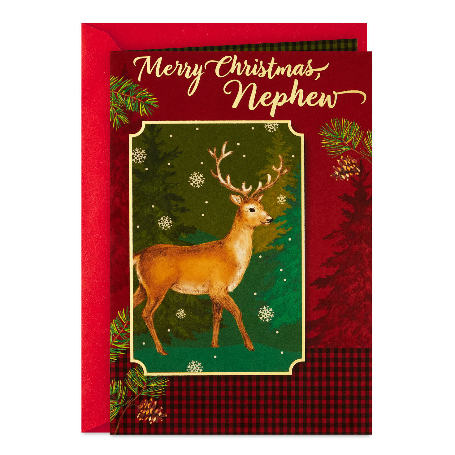Reindeer and Red Plaid Christmas Card for Nephew
