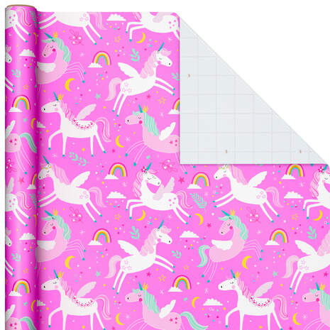 Frolicking Unicorns on Pink Wrapping Paper Roll, 27 sq. ft., , large