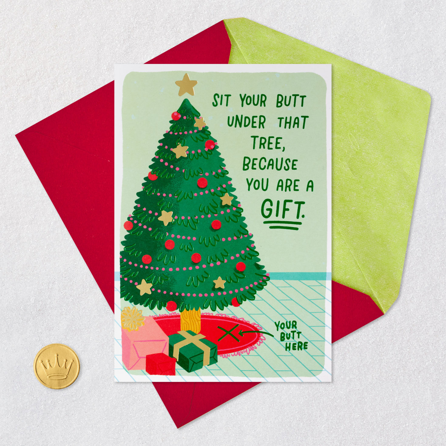 Christmas Tree and Presents Funny Christmas Card Card Front with Envelope and Gold Seal image number 5