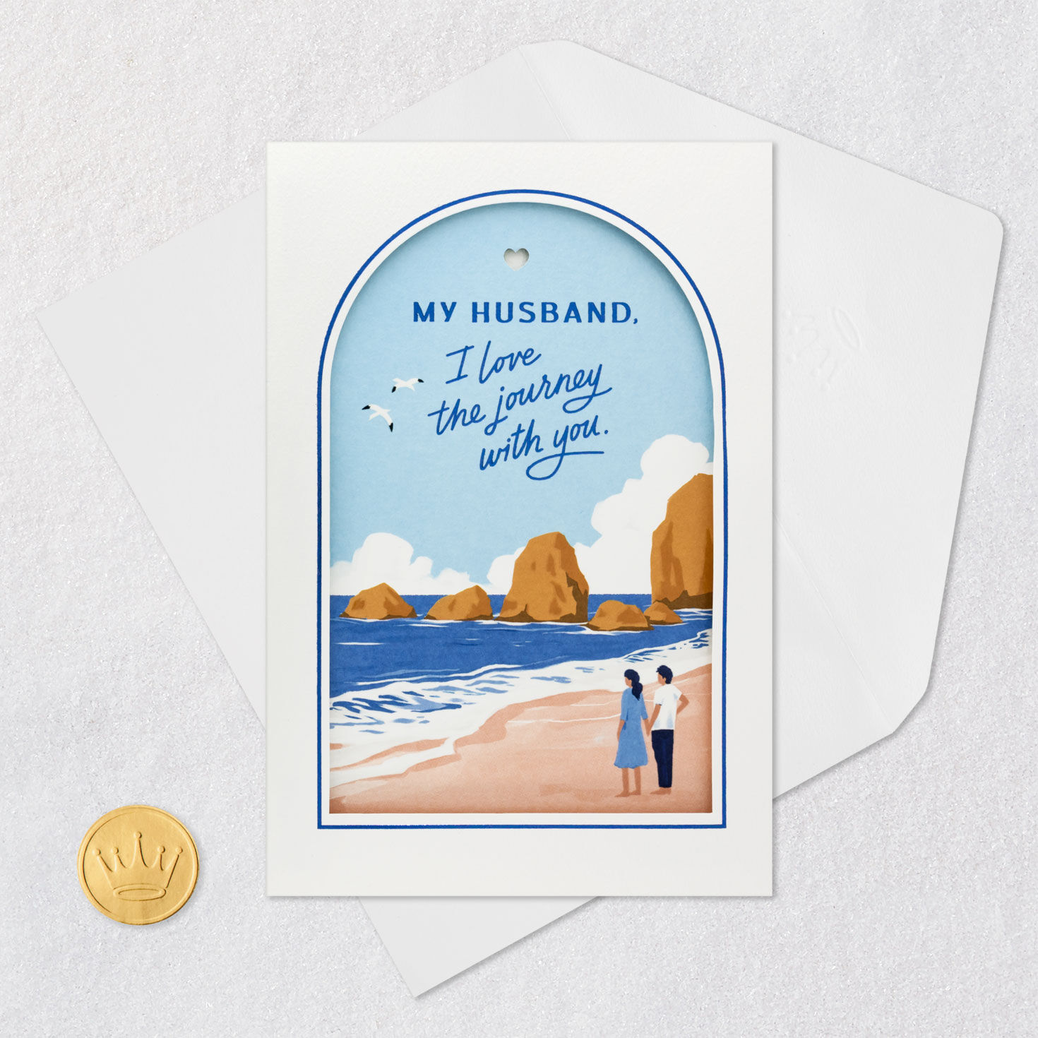 Couple on Beach Anniversary Card for Husband Card Front with Envelope and Gold Seal image number 5