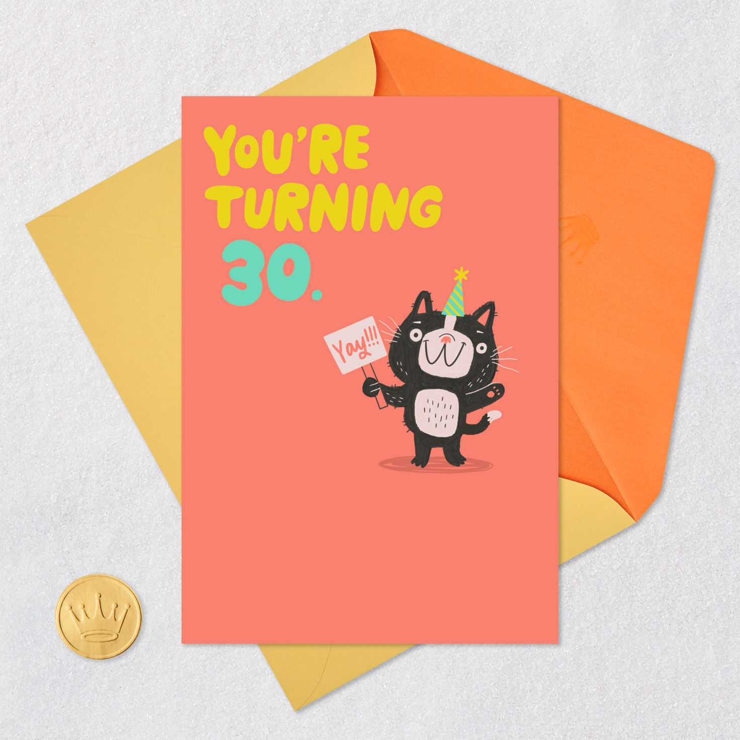 Cat in Party Hat Funny 30th Birthday Card Card Front with Envelope and Gold Seal image number 5
