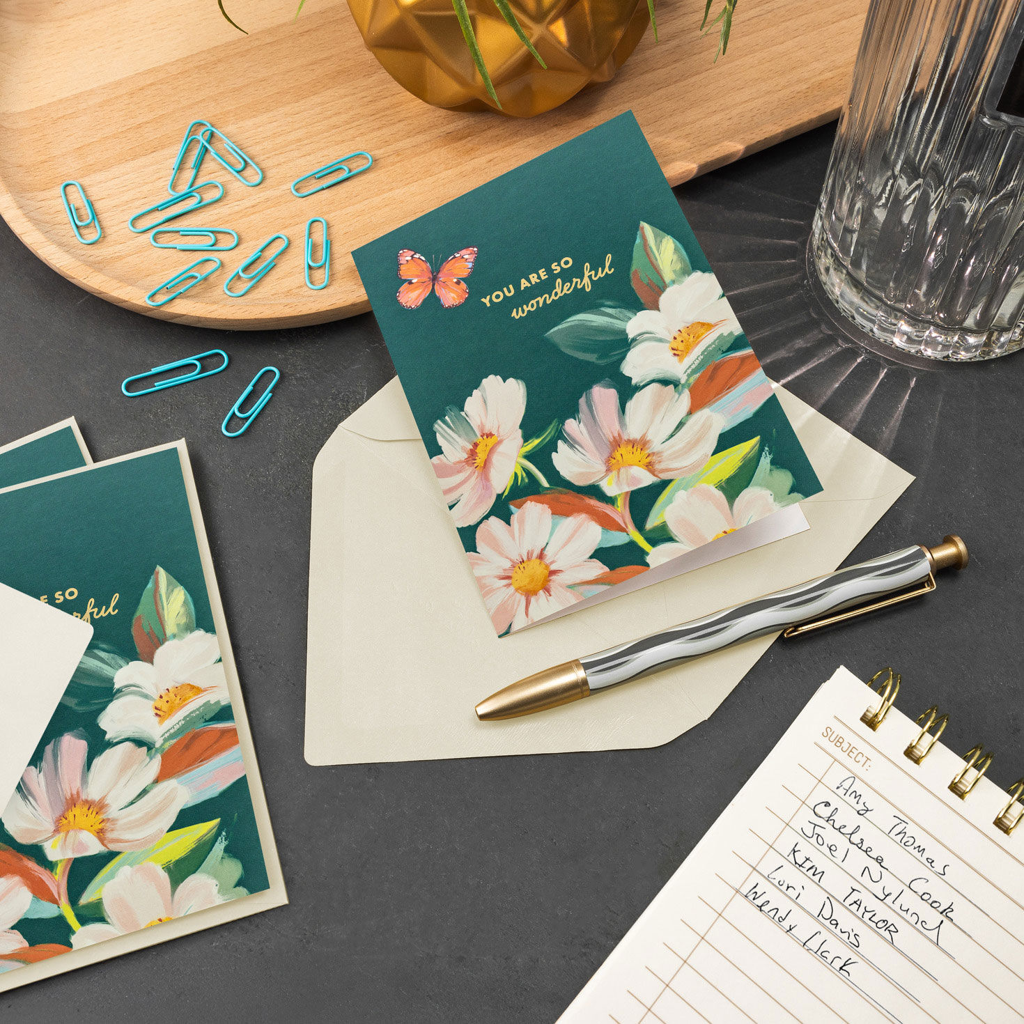 Painted Flowers on Teal Blank Note Cards Pack  image number 6