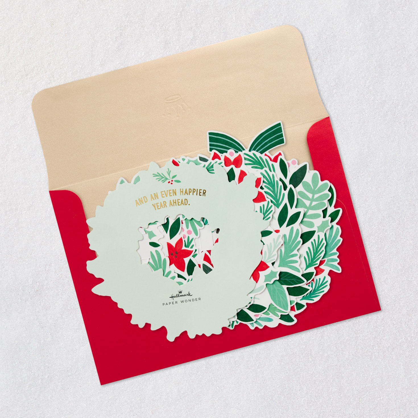 Red and Green Poinsettia Wreath Christmas Card Open card with envelope image number 4