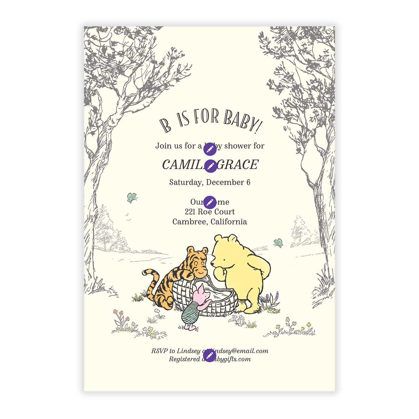 Winnie the Pooh Personalized Baby Shower Invite Card Front indicating personalization image number 5