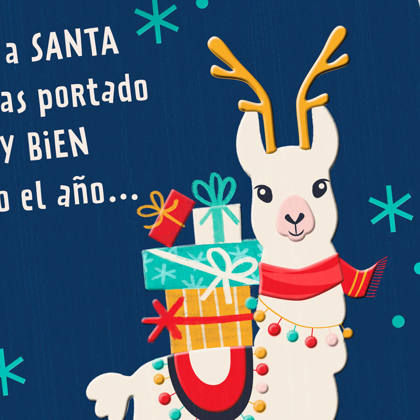 Llama on Navy Blue Spanish Kids Christmas Card Card Front Detail image number 4
