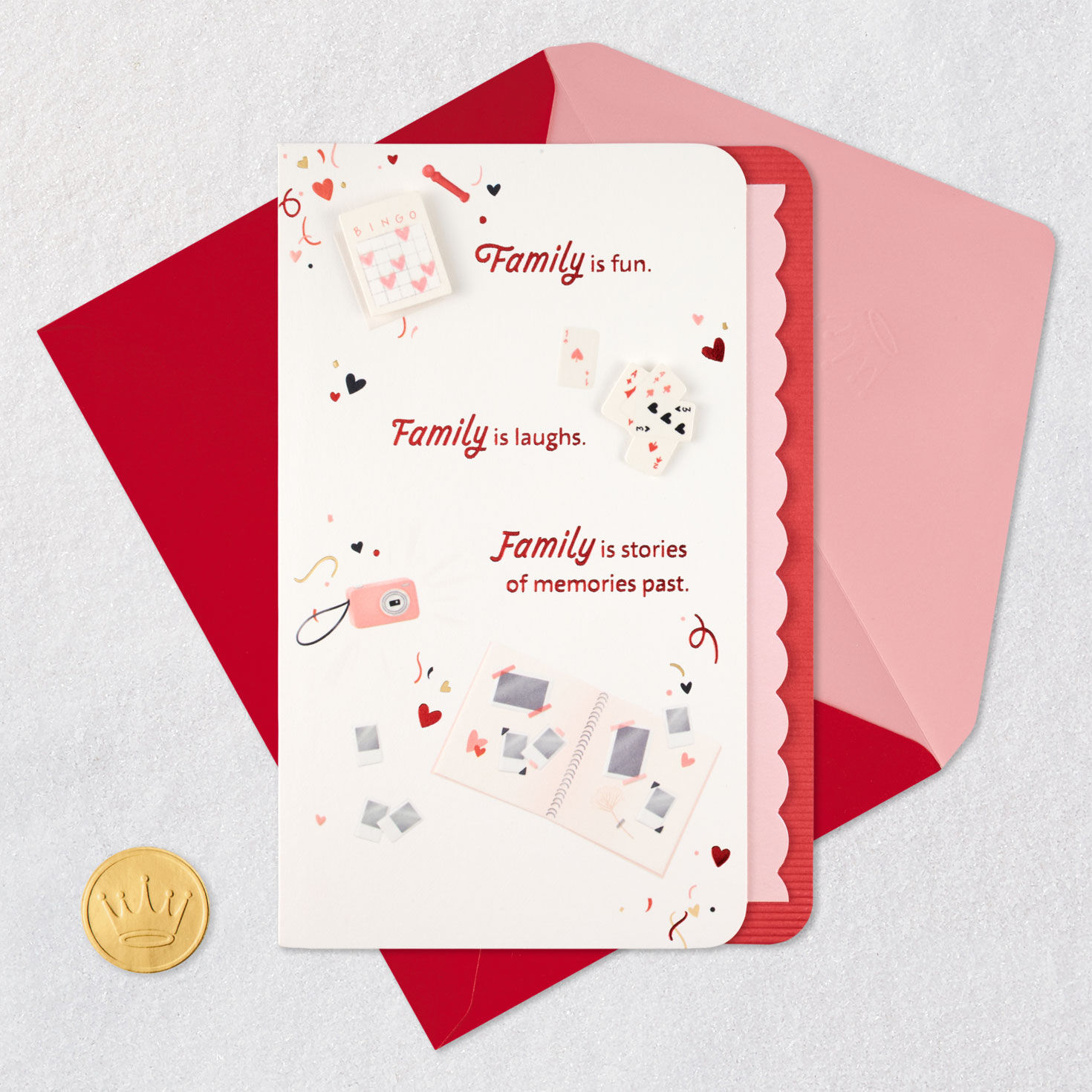 Scrapbook and Games Family Valentine's Day Card Card Front with Envelope and Gold Seal image number 7