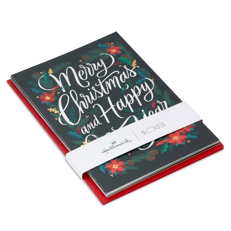 Poinsettias and Evergreen Boughs Packaged Christmas Cards, Set of 5